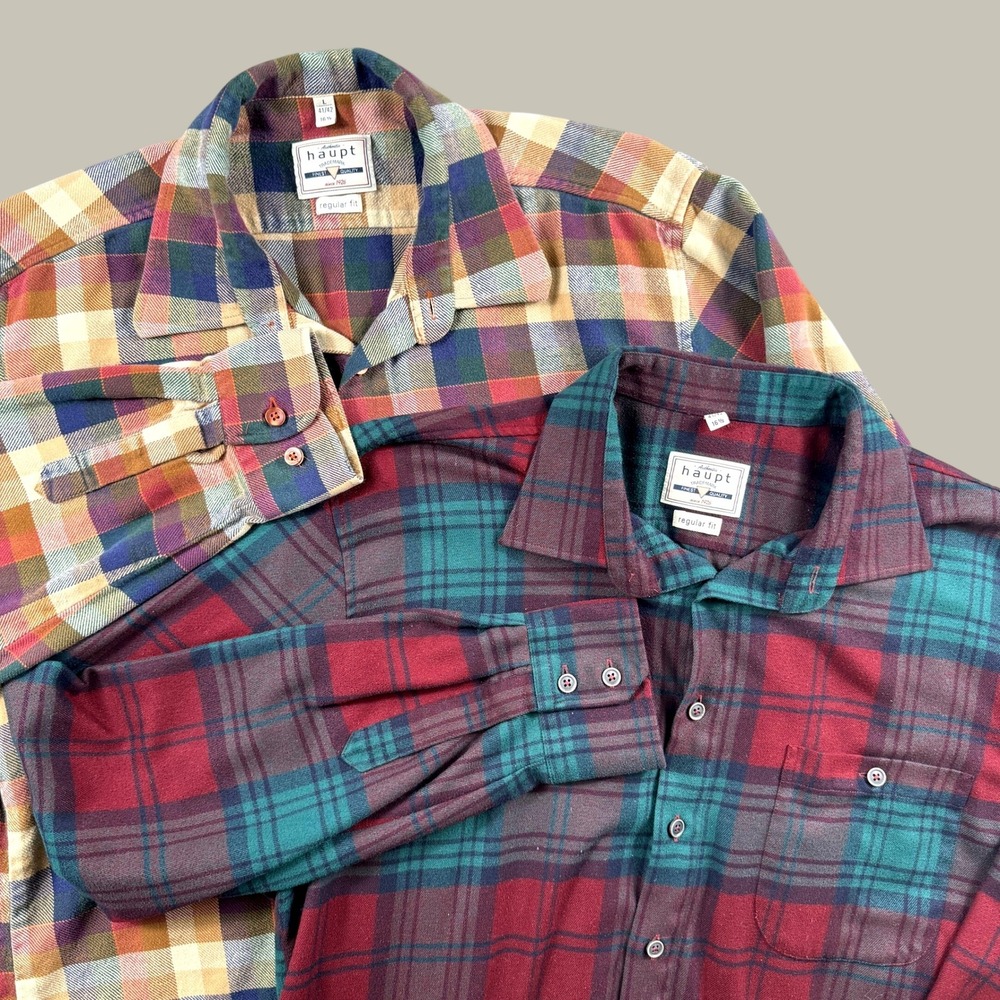 2 Haupt Flannel Shirts Lot Men L Plaid Button Up Cabincore Long Sleeve Top Cozy